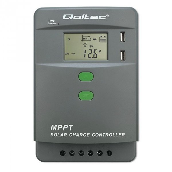 Qoltec Solarny regulator ładowania MPPT z czujnikiem temperatury 30A |  12V/24V | LCD | 2xUSB | Bluetooth | APP | GEL | LiFePO4