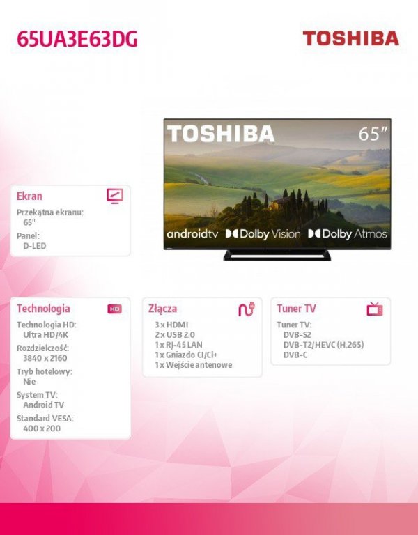 Toshiba Telewizor LED 65 cali 65UA3E63DG