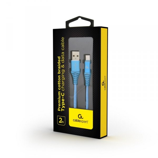 Kabel USB 2.0 - typ C(AM/CM) oplot tekstylny 2m turkusowo-biały Gembird