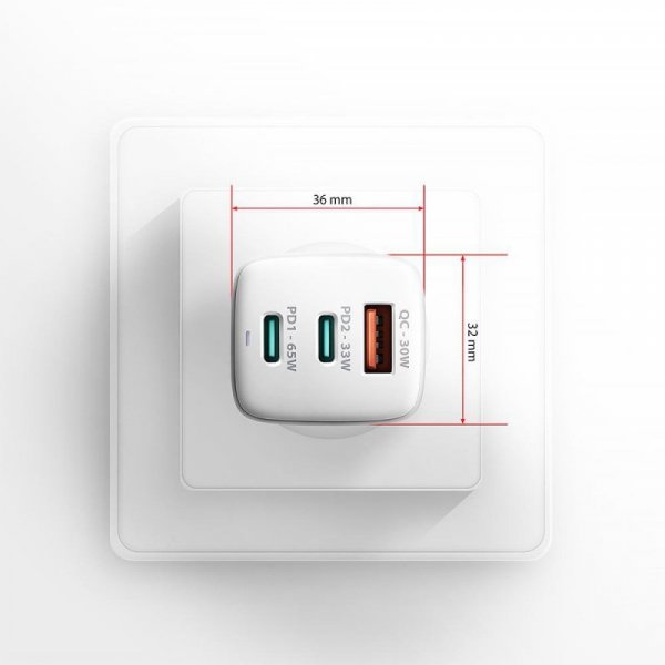 Ładowarka sieciowa GaN Axagon ACU-DPQ65W 1xUSB-A + 2x USB-C 65W biała
