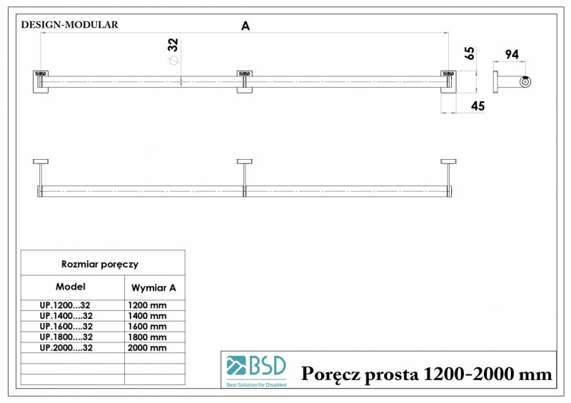 Gerader Handlauf für barrierefreies Bad 120 cm aus rostfreiem Edelstahl ⌀ 32 mm