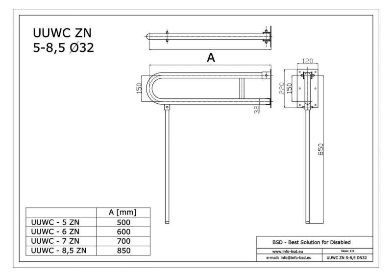 WC - Klappgriff für barrierefreies Bad mit Stützbein 60cm aus rostfreiem Edelstahl ⌀ 32 mm
