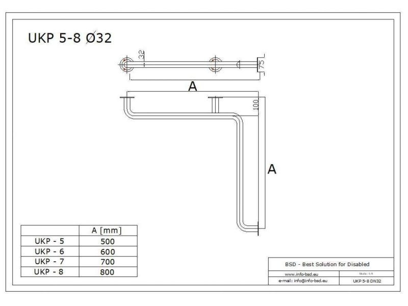 Winkelgriff waagerecht für barrierefreies Bad 80/80cm aus rostfreiem Edelstahl ⌀ 32 mm