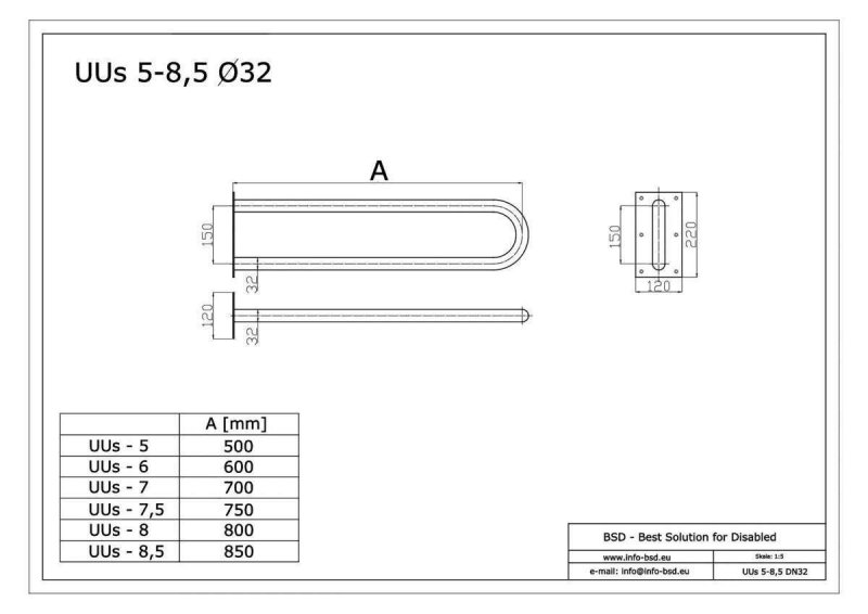 Stützgriff für barrierefreies Bad aus rostfreiem Edelstahl 60 cm ⌀ 32 mm  