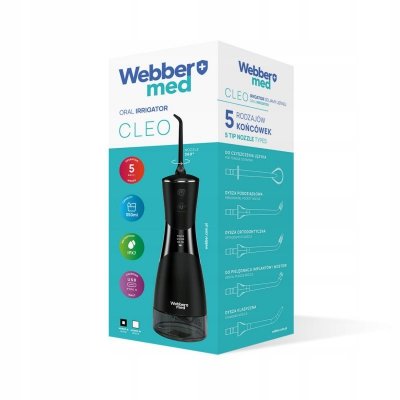 Irygator do zębów Webber CLEO (czarny) — bezprzewodowy, dentystyczny, mocny, 6 dysz, 5 trybów pracy