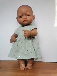 Olimi, sukienka z muślinu rozgwieżdżone niebo na mięcie dla lalki Miniland 32cm