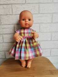 Olimi, sukienka dla lalki Miniland 32cm, kolorowa kratka