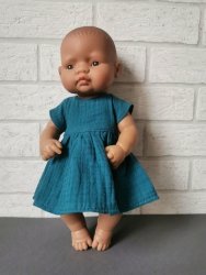 Olimi, sukienka z muślinu dla lalki Miniland 32cm, petrol