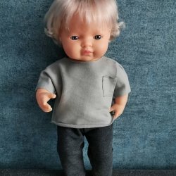 Olimi, komplet szara bluzka + grafitowe spodnie dresowe, dla lalki Miniland 38cm