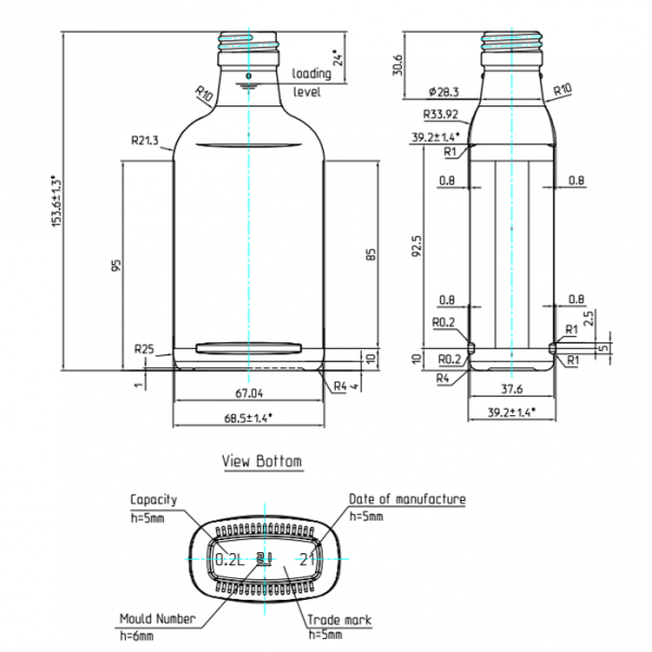 Rysunek techniczny: Szklana butelka PIERSIÓWKA 200 ml (68.5 mm) na alkohol w ofercie hurtowej