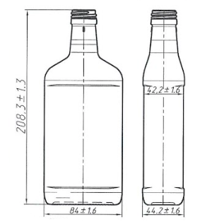 Rysunek techniczny: Szklana butelka PIERSIÓWKA 350 ml na alkohol w ofercie hurtowej.