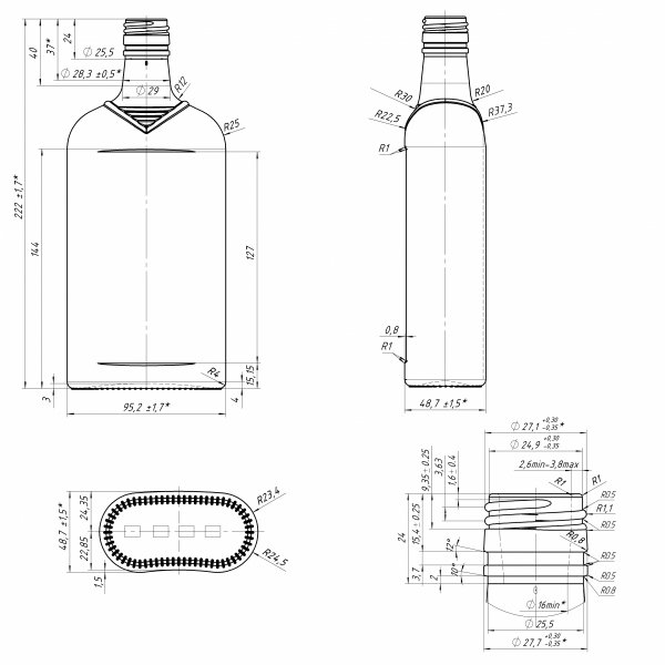 Rysunek techniczny: Szklana butelka MARYNARZ 500 ml na alkohol do sprzedaży hurtowej.