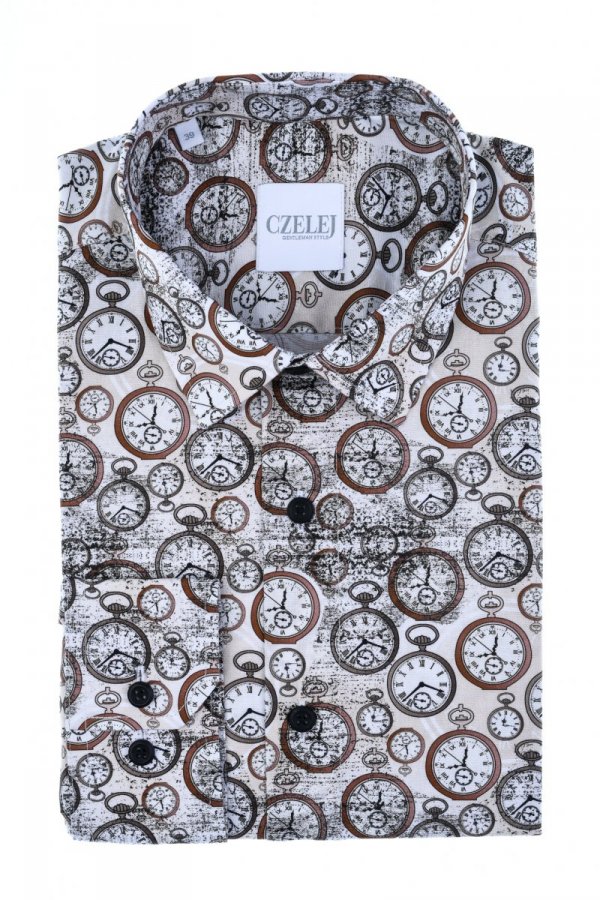 Koszula męska Slim CDR34 - 3D w brązowy wzór w zegarki