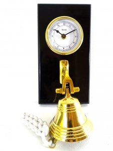 Mosiężny zegar i dzwon na drewnianej podstawie - WWB