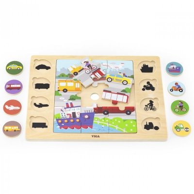 VIGA Drewniane Puzzle Odgadnij po Cieniu  - Środki Transportu Układanka 17 el.