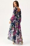 Asymetryczna maxi sukienka szyfonowa w fioletowe kwiaty tył