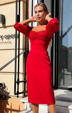Dopasowana sukienka z bufiastymi rękawami błysk czerwona