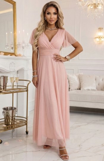 Numoco 635-7 MELANIA długa błyszcząca suknia z dekoltem i krótkim rękawkiem 