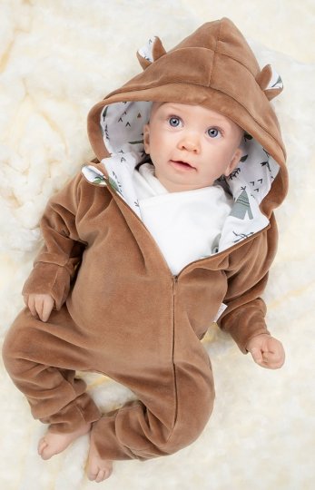 Welurowy brązowy pajacyk z uszkami