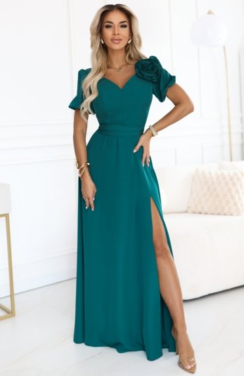 Numoco 653-1 elegancka długa sukienka z różą, paskiem i wysokim rozcięciem 
