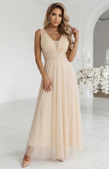 Numoco 637-4 długa sukienka maxi z brokatowym połyskiem i głębokim dekoltem 