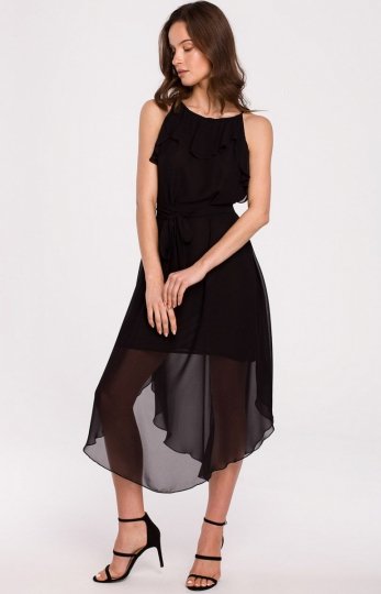 K137 asymetryczna czarna szyfonowa sukienka 