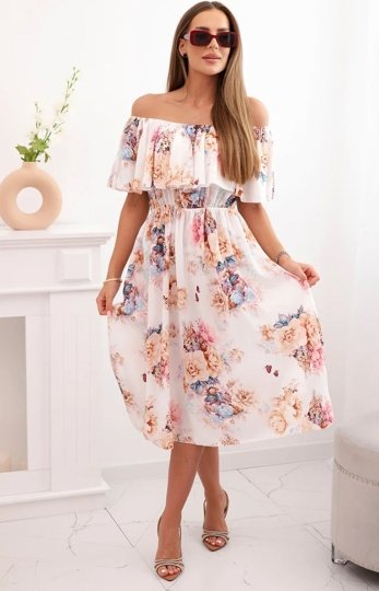 Zwiewna sukienka midi w kwiaty hiszpanka camel 