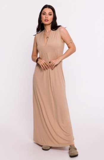 Bewear B284 sukienka wiskozowa maxi z zakładką beżowa 