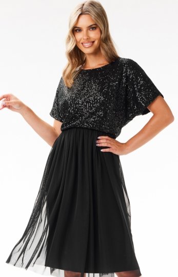 *Awama A689 rozkloszowana sukienka z cekinami czarna