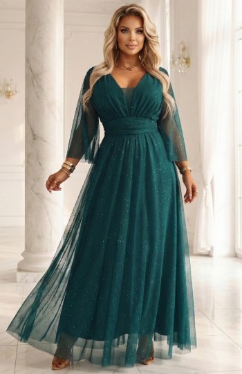 Numoco 654-1 długa połyskująca sukienka plus size z dekoltem i transparentnym rękawkiem 