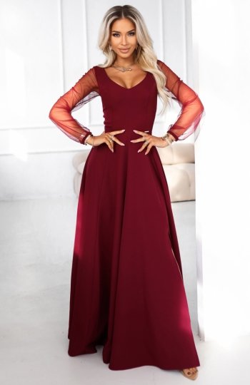 Numoco 640-1 LORETTA wyjątkowa długa sukienka z tiulowymi rękawkami i dekoltem 