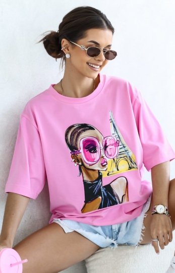 Oversizowy t-shirt damski różowe okulary różowy