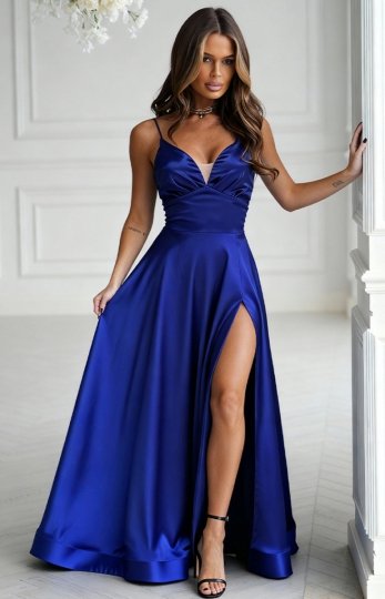 Połyskująca długa suknia wieczorowa z wiązaniem gorsetowym chabrowa