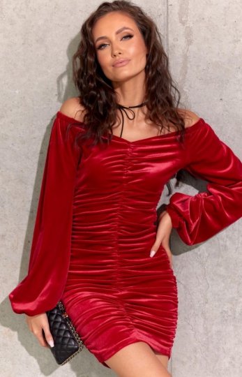 Welurowa sukienka hiszpanka z długim rękawem czerwona