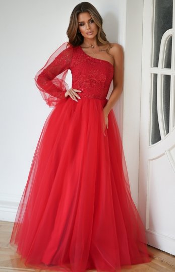 Bicotone suknia balowa na jedno ramię czerwona