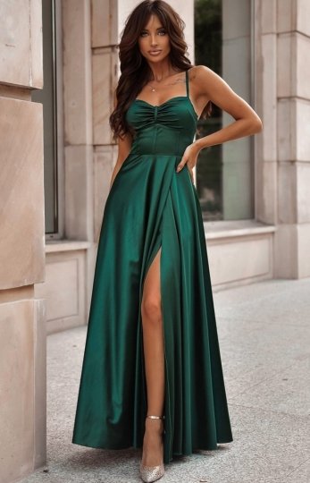 Długa satynowa sukienka zielona gorset