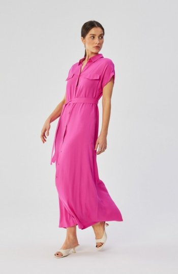 Stylove S364 sukienka maxi rozpinana z krótkimi rękawami liliowa 