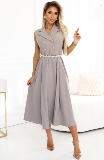 Numoco 596-2 elegancka szmizjerka midi ze złotymi guzikami i paskiem 