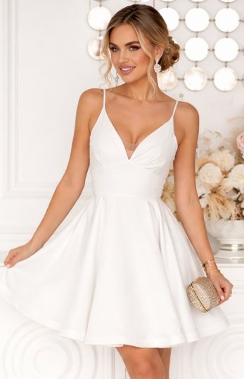 Błyszcząca rozkloszowana sukienki mini z gorsetowym tyłem - ecru