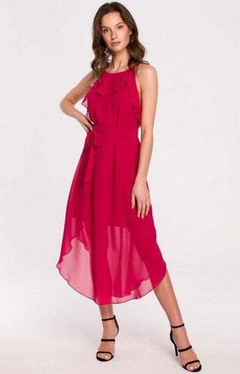 K137 asymetryczna różowa szyfonowa sukienka 