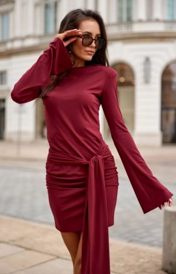 Mini sukienka bordowa z szarfą wiskoza - polska marka