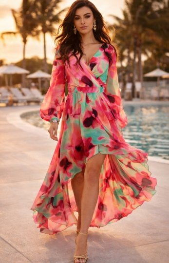 Asymetryczna maxi sukienka szyfonowa w różowe kwiaty