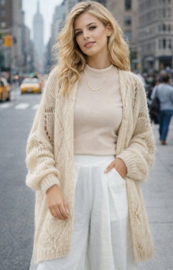 *Beżowy Kardigan Ażurowy - Baby Alpaka i Moher