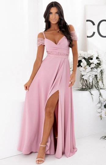 Sukienka wieczorowa maxi brudny róż z rozcięciem i cekinową górą
