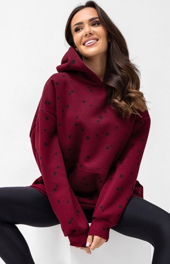 Oversizowa bluza damska z kapturem kropeczki bordowa