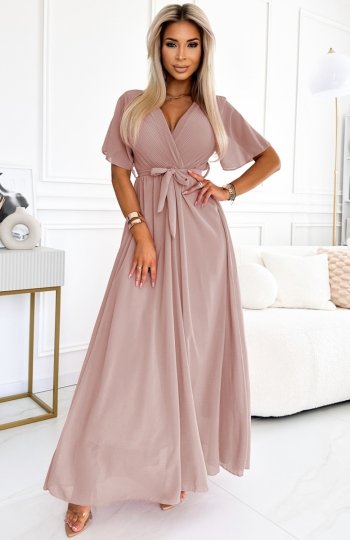 Numoco 545-6 długa sukienka z plisowanym dekoltem i wiązaniem 