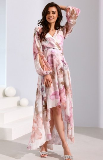 Asymetryczna maxi sukienka szyfonowa w jasne kwiaty