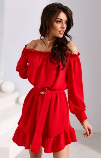 Sukienka hiszpanka z falbaną i regulowanym paskiem czerwona