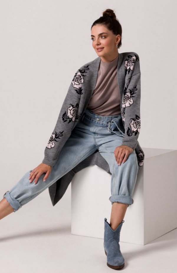 Be Knit BK102 długi kardigan w róże popielaty 