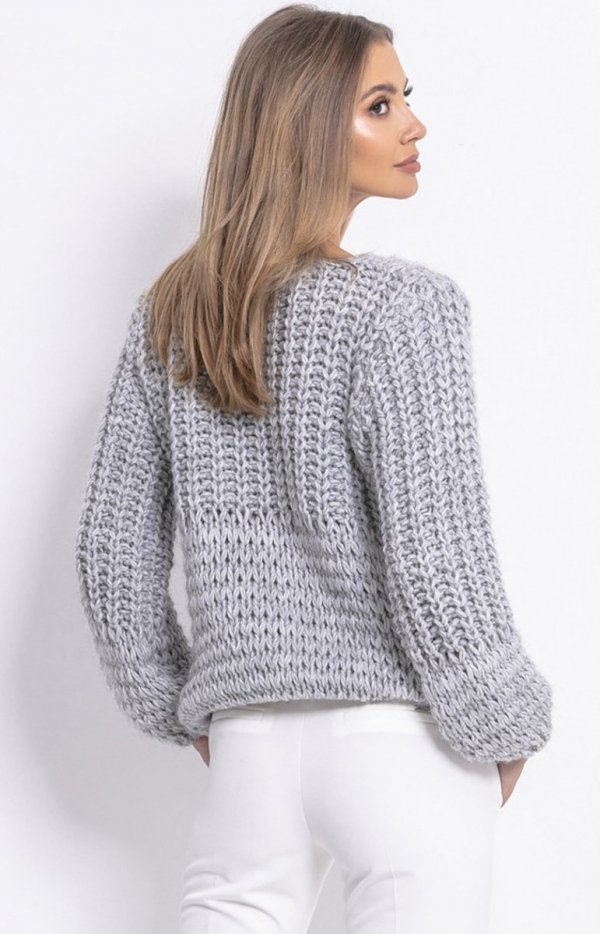 Oversizowy sweter z grubym splotem szary F760 tył